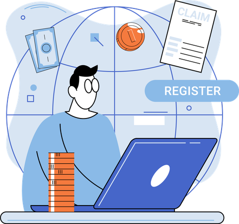Man working with computer and coins Freelancer making money earn in internet  Illustration