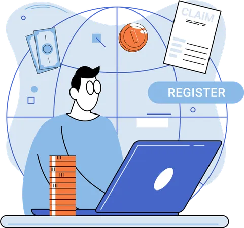 Man working with computer and coins Freelancer making money earn in internet  Illustration