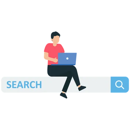 Man working with computer laptop on search box with magnifying glass button  Illustration