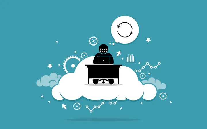 Man working with computer on the cloud Illustration