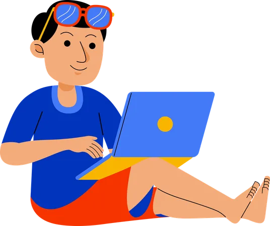 Man Working With Laptop At Beach Illustration