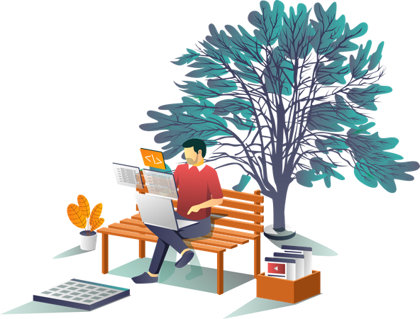 Man working with laptop under tree Illustration