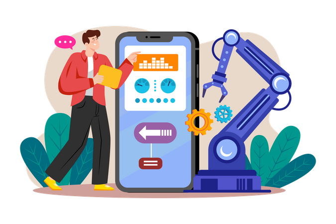 Man Working With Production Automation App Illustration