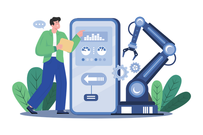 Man Working With Production Automation App Illustration