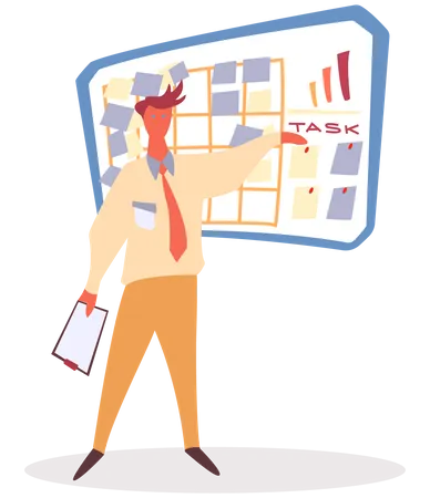 Man Character Holding Paper And Standing Near Planning Board Worker Communication With Planner Task Appointments And Successfully Organizing Effective Organization With Schedule Symbol Vector Illustration