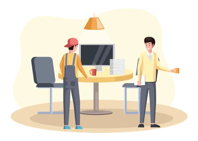 Male Characters Stand Near Computer Solve Problems And Do Business Planning Team Work Meeting Boss Talks To Subordinate Man Works Drinks Coffee And Communicates With Colleague Of Office Workspace Illustration