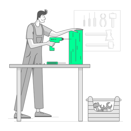 Man works in a workshop with a drill Illustration