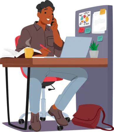 Man Works In Office Performing Tasks Such As Analyzing Data Attending Meetings And Collaborating On Project Using Computer To Contribute To Organizational Goals And Productivity Vector Illustration イラスト