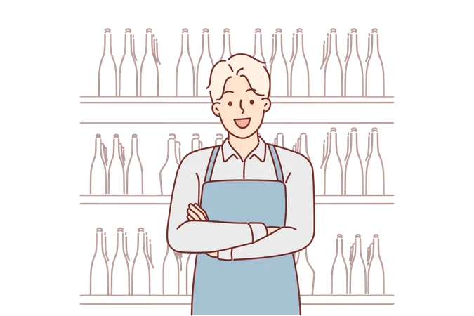 Man Works In Winery Standing With Crossed Arms Near Racks Filled With Bottles Wine Guy In Apron Poses In Warehouse With Wine Taking Care Of Compliance With Storage Conditions For Expensive Alcohol Illustration