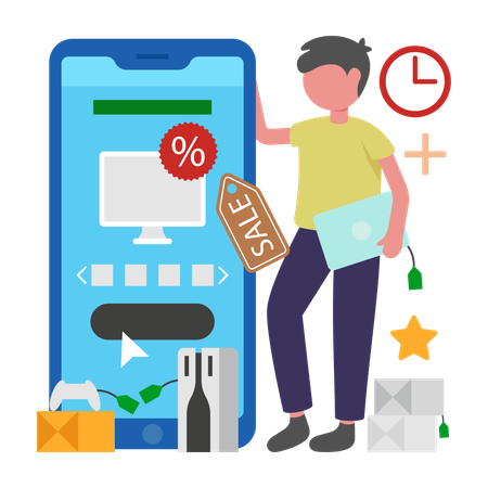 Man works on Cyber Shopping  Illustration