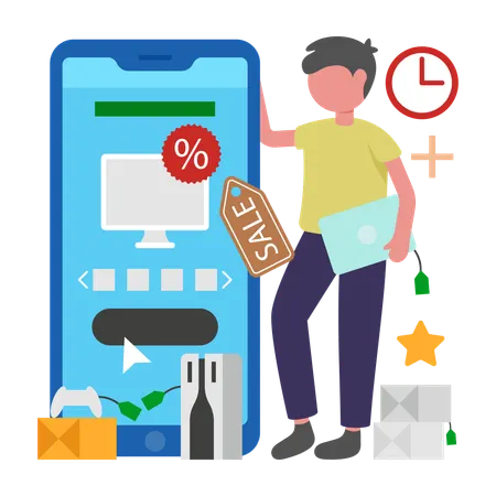Man works on Cyber Shopping  Illustration