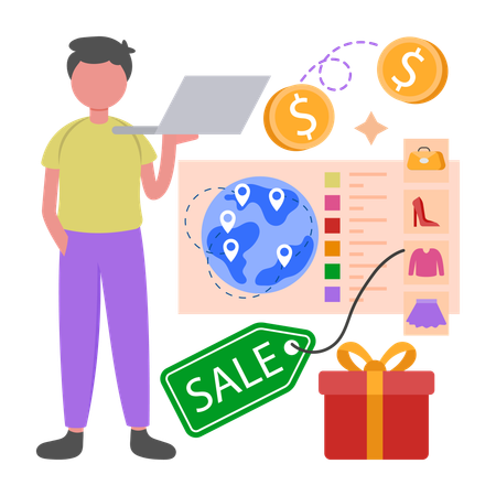 Man works on Global Market  Illustration