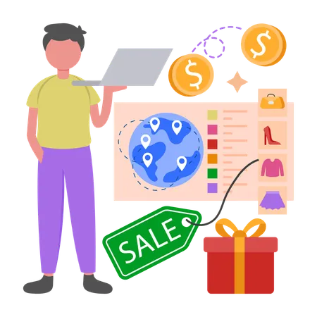 Man works on Global Market  Illustration