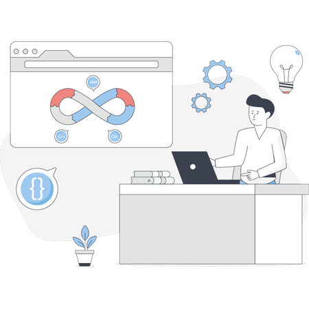 Man works on his laptop focused on a screen displaying an infinity symbol in a modern office setting  Illustration