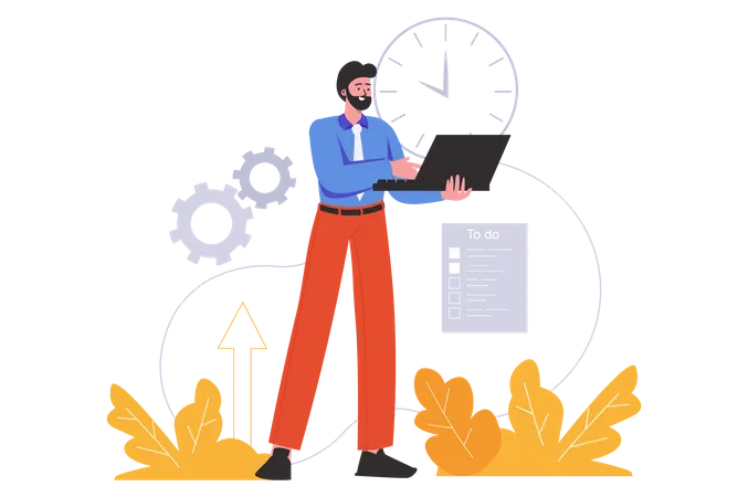 Man Works On Schedule And Completes Tasks On Time Organization Of Work Process Deadlines And Projects People Scene Isolated Time Management Concept Vector Illustration In Flat Minimal Design Illustration