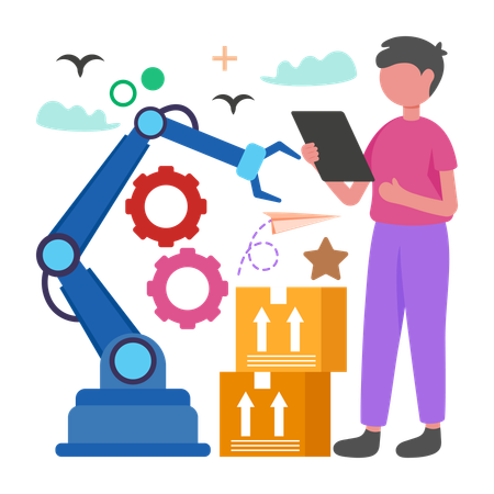 Man works on Smart Warehouse Robots  Illustration