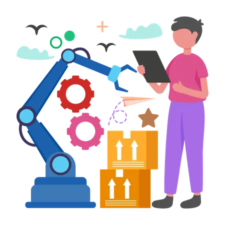 Man works on Smart Warehouse Robots  Illustration