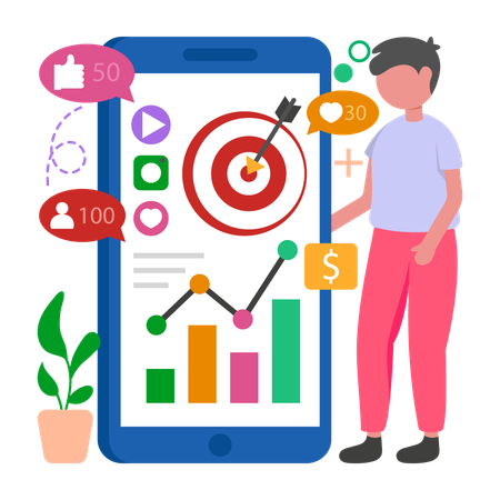 Man works on Social Commerce Growth  Illustration
