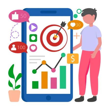 Man works on Social Commerce Growth  Illustration