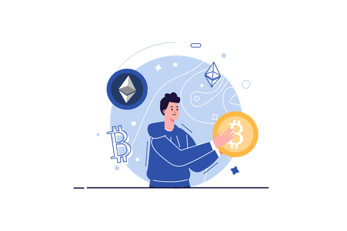 Man works with cryptocurrency and earns money  Illustration