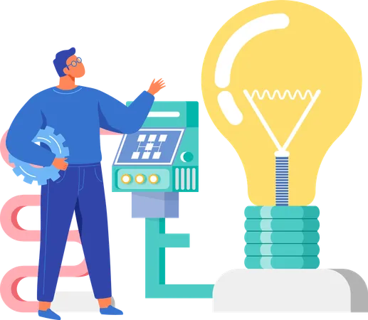 Work Mechanism With Built In Light Bulb Light Supply Equipment Modern Lighting Technology Technological Electricity Production Concept Man Works With Technical Device Mechanism With Light Bulb イラスト