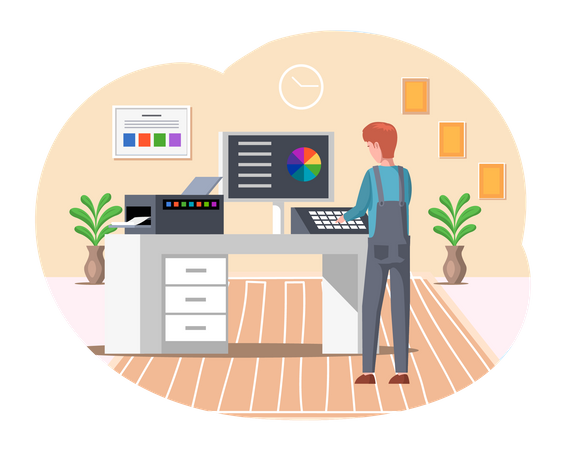 Man works with typography computer system  Illustration