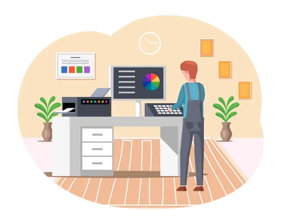 Man works with typography computer system  Illustration