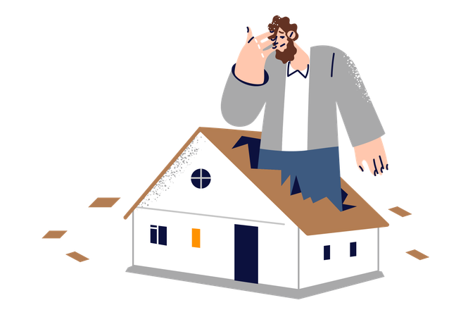 Man worried about insufficient size of housing and stands inside fire in broken roof of small house  Illustration