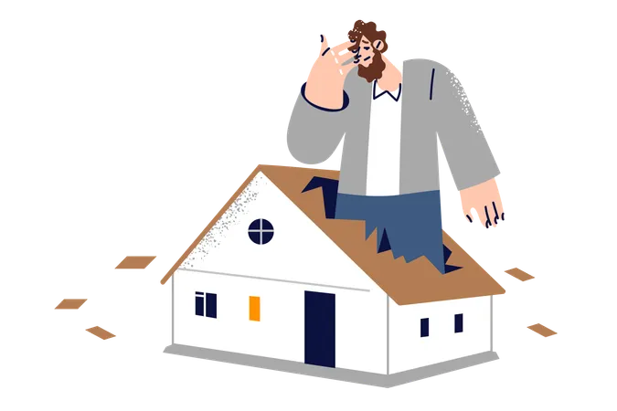 Man worried about insufficient size of housing and stands inside fire in broken roof of small house  Illustration