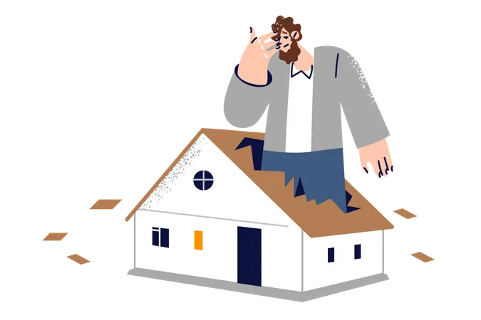 Man Worried About Insufficient Size Of Housing Stands Inside Fire In Broken Roof Of Small House Guy Housing Problem Is Caused By Lack Of Money For Rent Or High Mortgage Interest Rate Illustration