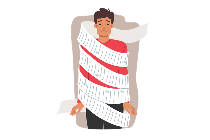 Man wrapped in large bill  Illustration