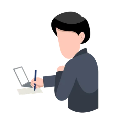 Man write note while working on laptop  Illustration