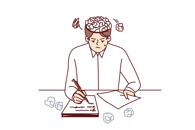 Man writer writes story for own book sits at table with crumpled papers instead of brain  イラスト