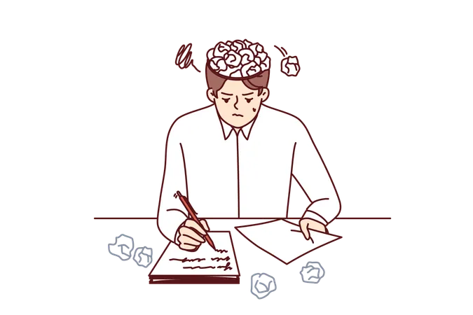 Man Writer Writes Story For Own Book Sits At Table With Crumpled Papers Instead Of Brain Young Guy Is Writer Inspired To Create Own Literary Novel Or Series Script With Sharp Plot Twists Illustration