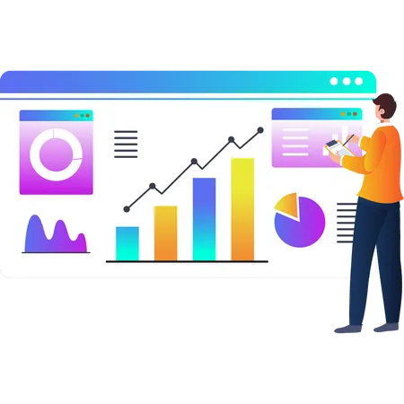 Man writing about analytical graph from web page  Illustration