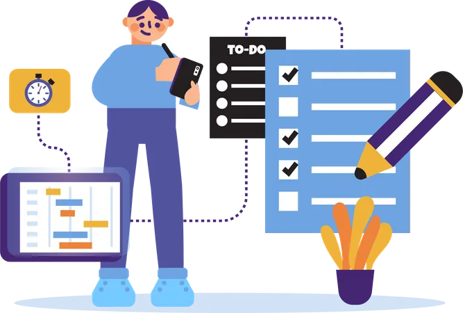 Illustration Man Is Writing Down A To Do List Assisted By Technological Advances So That The Recording Process Is Easier And Faster These Illustrations Are Ideal For Presentations Or Modern Technology Campaigns Illustration