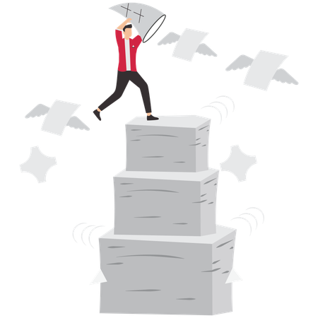 Manage heavy workload or paper work with professional businessman catches flying paperwork using a butterfly net to complete tasks  Illustration