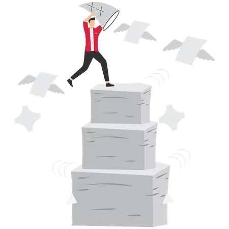 Manage heavy workload or paper work with professional businessman catches flying paperwork using a butterfly net to complete tasks  Illustration