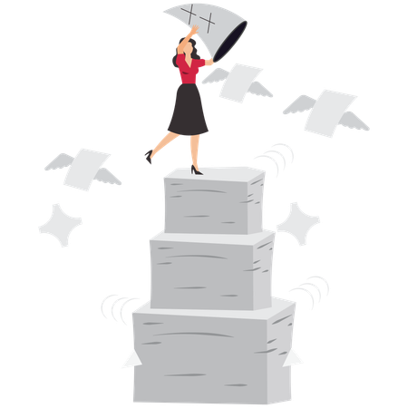 Manage heavy workload or paper work with professional businesswoman catches flying paperwork using a butterfly net to complete tasks  Illustration