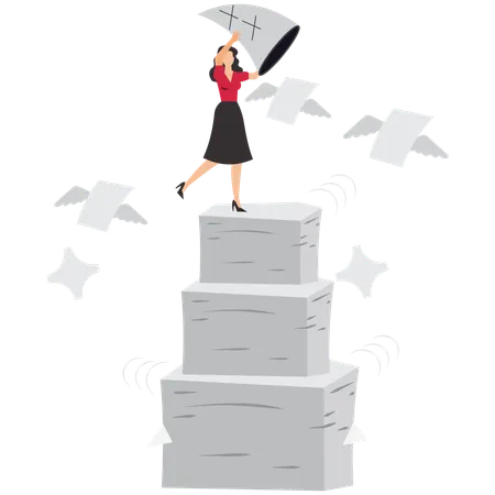 Manage heavy workload or paper work with professional businesswoman catches flying paperwork using a butterfly net to complete tasks  Illustration