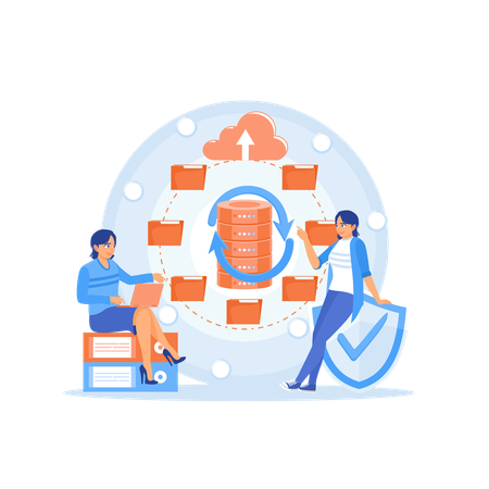 Manager and assistant working in office while Analyze and store data on server hardware Illustration