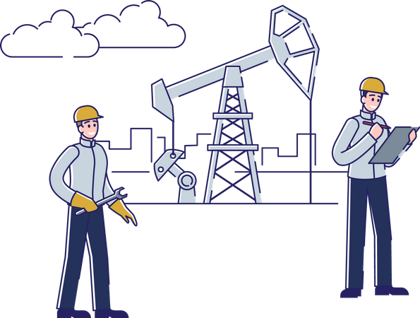 Manager And Worker Check And Service Of Work Oil And Rig Plant Illustration