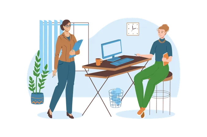 Workplace Blue Concept With People Scene In The Flat Cartoon Style Manager Came To The New Employee To Show Him The New Workplace Vector Illustration Illustration