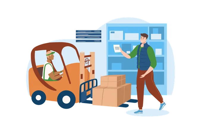 Post Office Blue Concept With People Scene In The Flat Cartoon Design Manager Checks The Parcels Brought By The Courier To The Warehouse Vector Illustration Illustration