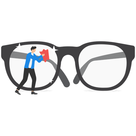 Manager cleaning huge eyeglass lenses for owner to get clear vision  Illustration