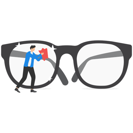 Manager cleaning huge eyeglass lenses for owner to get clear vision  イラスト