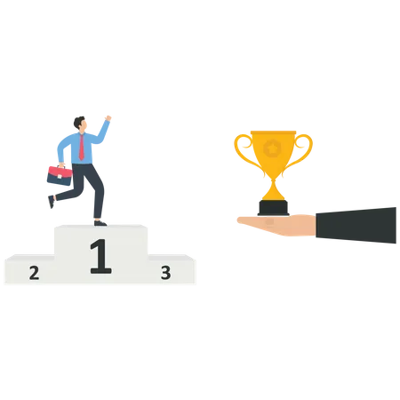 Manager gives a trophy to a businessman standing on a winner podium  Illustration