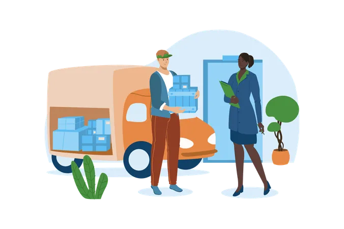 Blue Concept Post Office With People Scene In The Flat Cartoon Design Manager Gives The Parcels To The Driver Who Must Take Them To Another City Vector Illustration Illustration