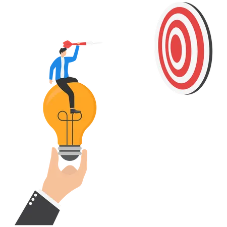 Supporting Idea To Reach Target Consulting For Creativity Of Employee At Work Concept Manager Hand Holding Light Bulb To Support Businessman Throwing Dart Into Dartboard Illustration