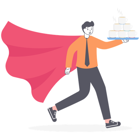 Manager in suit of super hero flying with cups of coffee on tray  Illustration